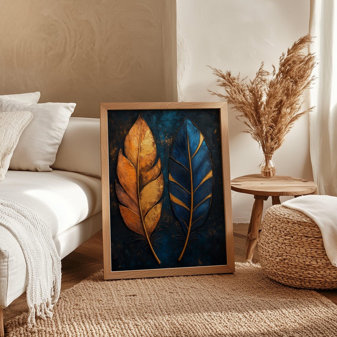 Golden and Sapphire Leaves With Gold Veining on Dark Teal Poster - Image 4