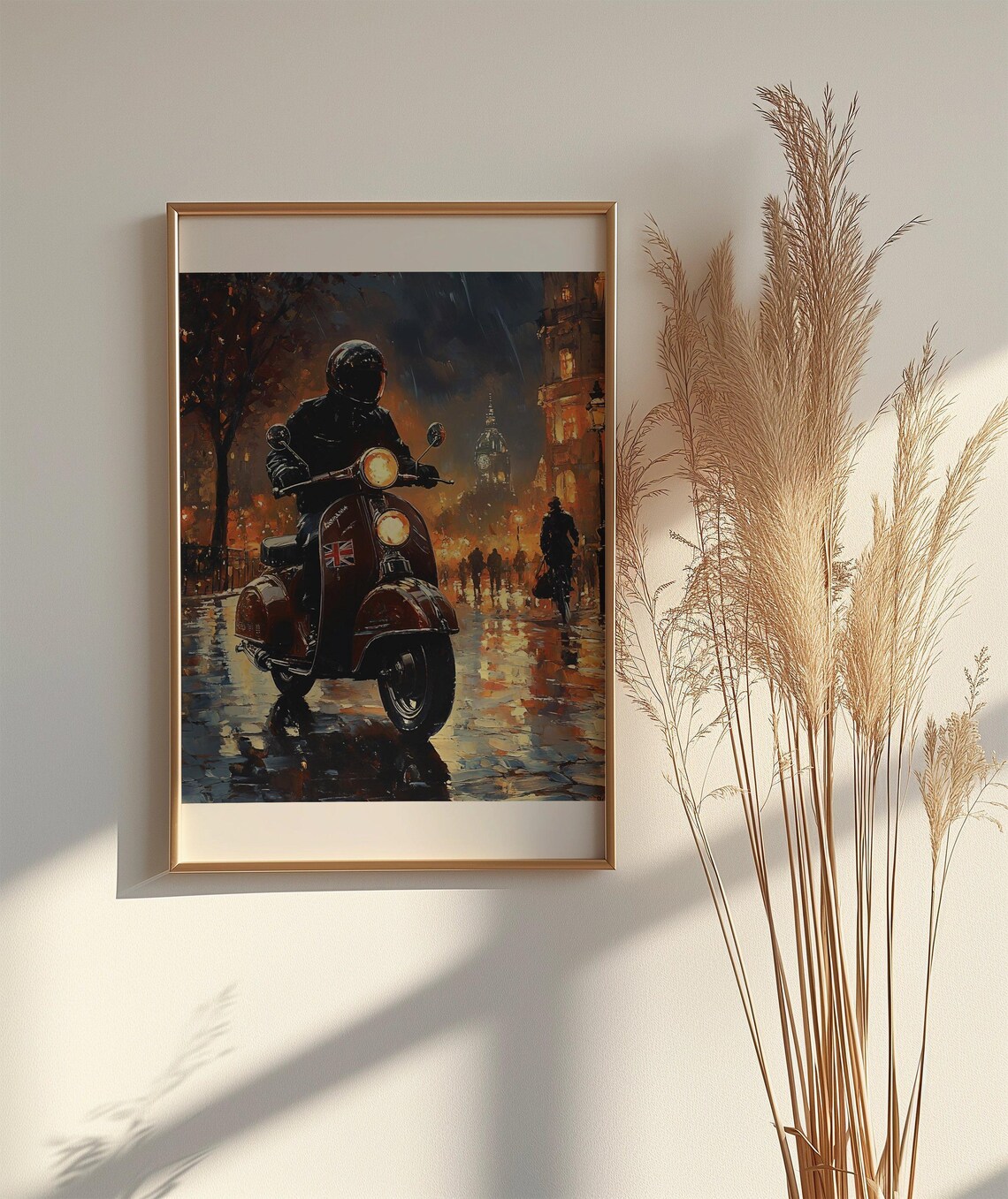 Vintage Scooter Rider in Rainy Night City Street Painting Poster - Image 2