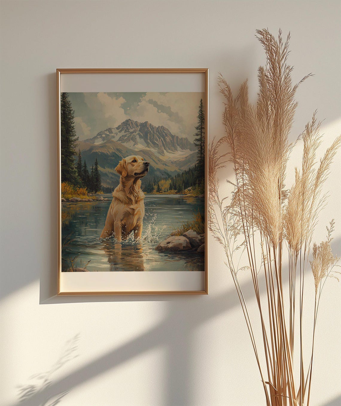 Golden Retriever Splashing in Alpine Mountain Lake Art Poster - Image 2