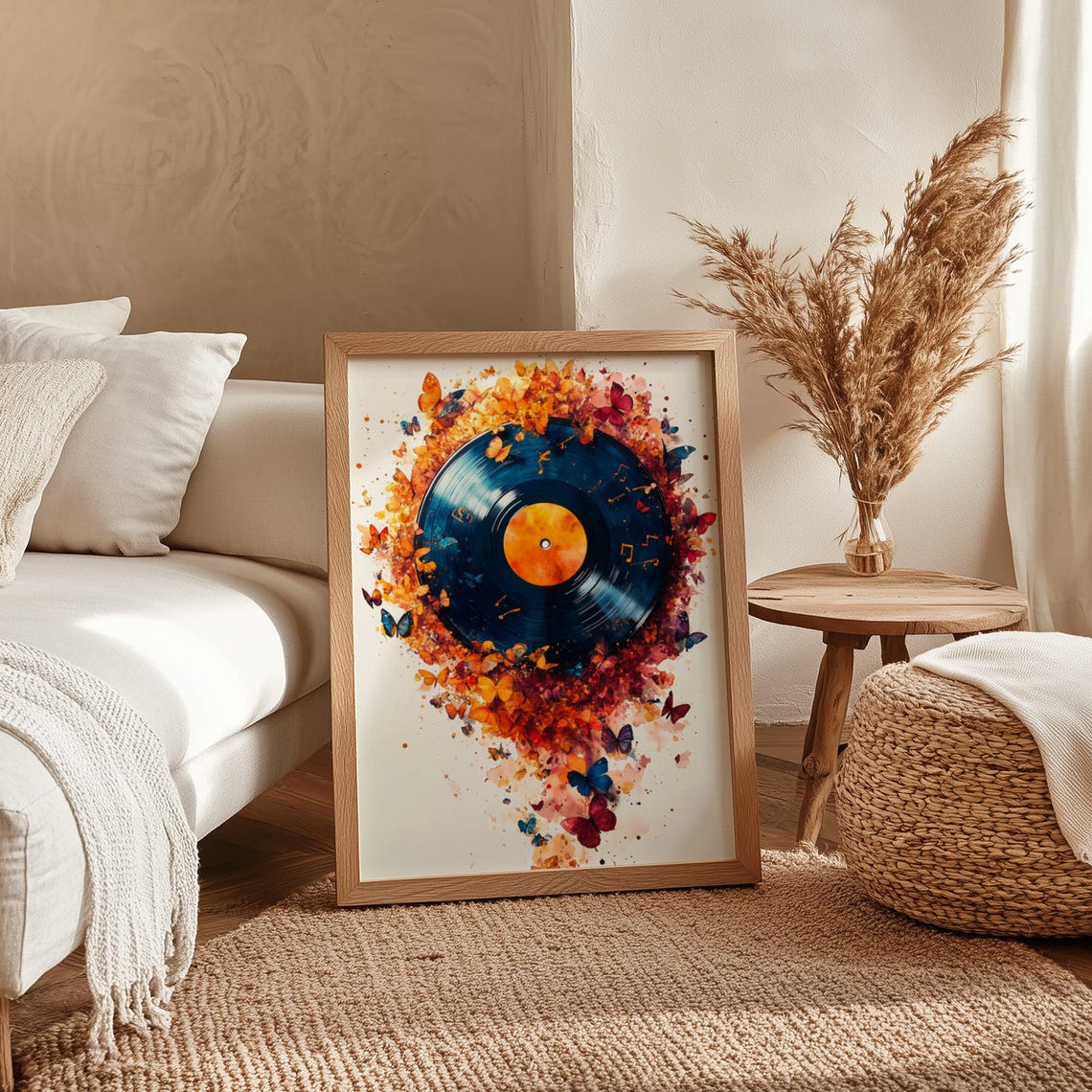 Blue Vinyl Record Circled By Orange Butterflies In Warm Tones Poster - Image 4