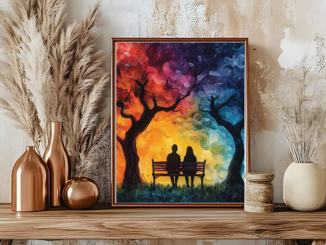 Romantic Couple Bench Poster Sunset Trees Colorful Silhouette Art - Image 5