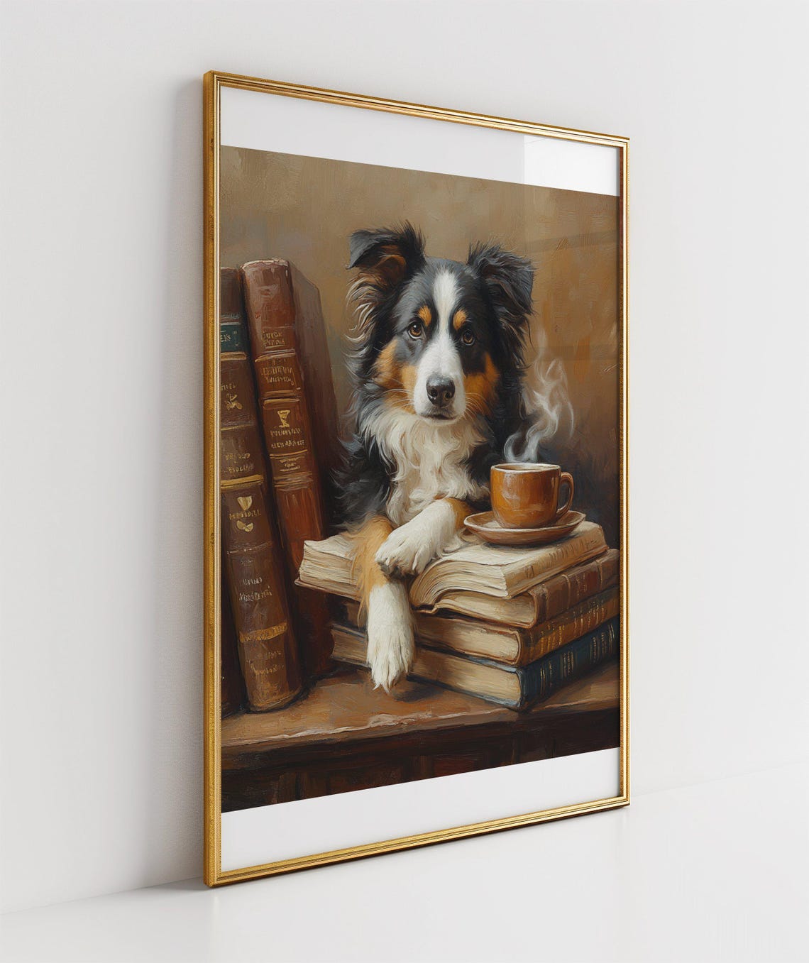 Fluffy Australian Shepherd Dog with Books and Coffee Art Poster - Image 3