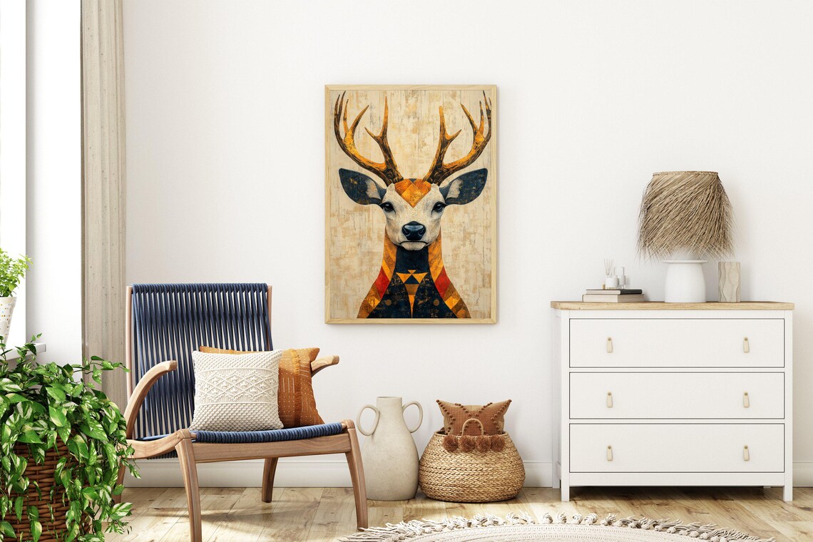 Geometric Golden Stag Portrait in Amber Tones With Vintage Texture Poster - Image 3