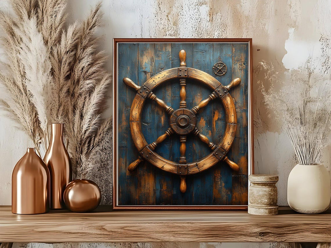 Nautical Ship Wheel Wall Art Vintage Ship Wheel Print Rustic Nautical Decor Maritime Wall Art Steampunk Wheel Poster Nautical Home - Image 5
