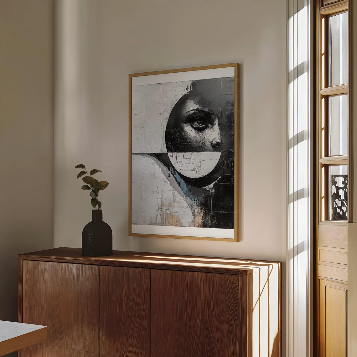 Monochrome Woman's Face with Bold Circle Abstract Art Poster - Image 4