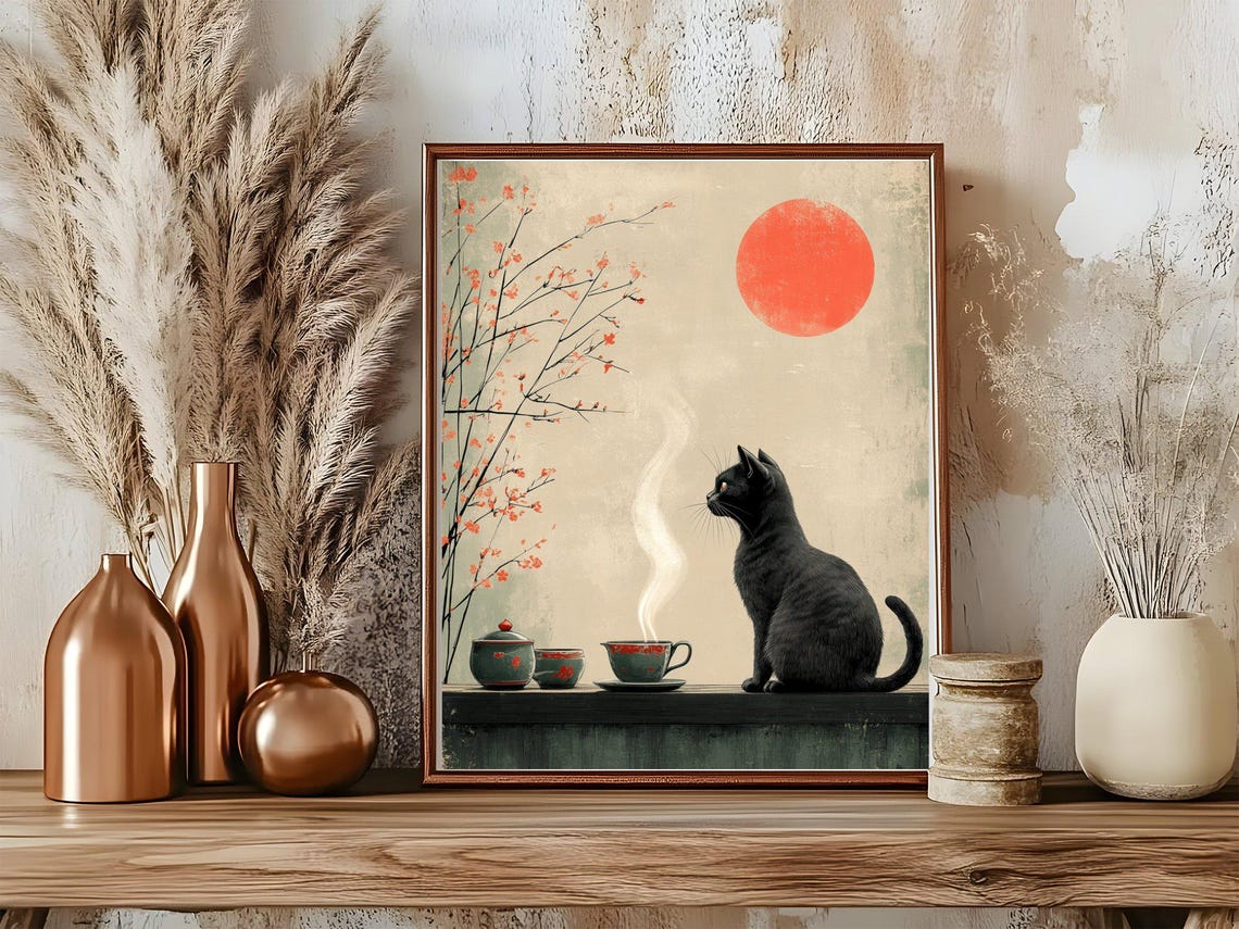 Black Cat With Tea Poster In Japanese Style With Red Sun Blossoms - Image 5