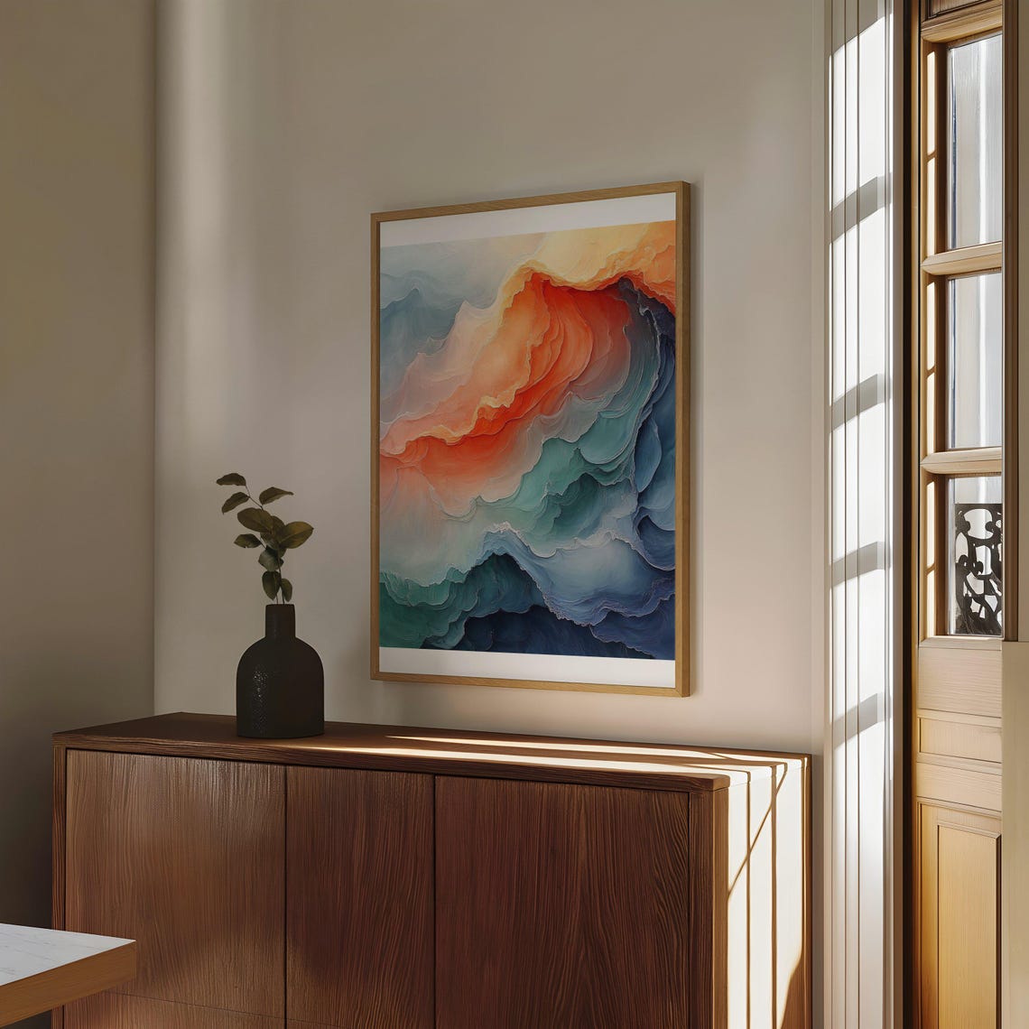 Layered Teal and Burnt Orange Ocean Waves Abstract Art Poster - Image 4