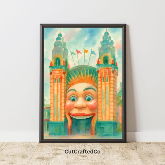 Luna Park Sydney Watercolor Print Whimsical Australia Landmark Wall Art Iconic Face Gate Playful Travel Decor