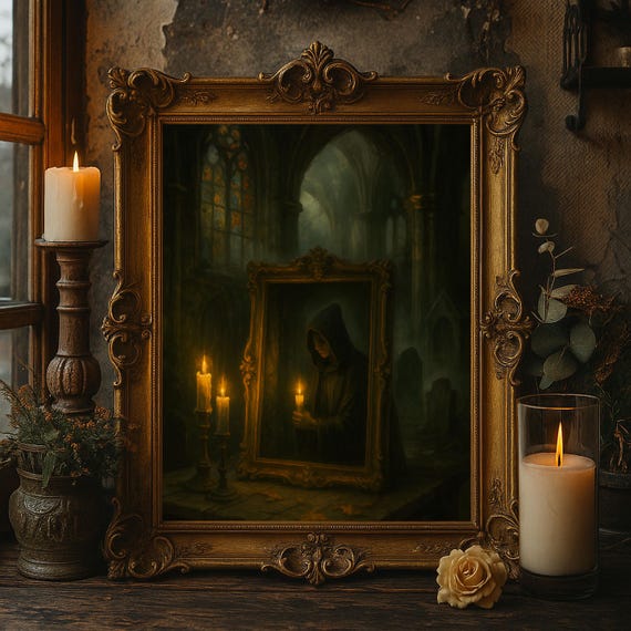 Gothic Monk Candle Wall Art Dark Cathedral Haunted Painting Spooky Halloween Oil Artwork