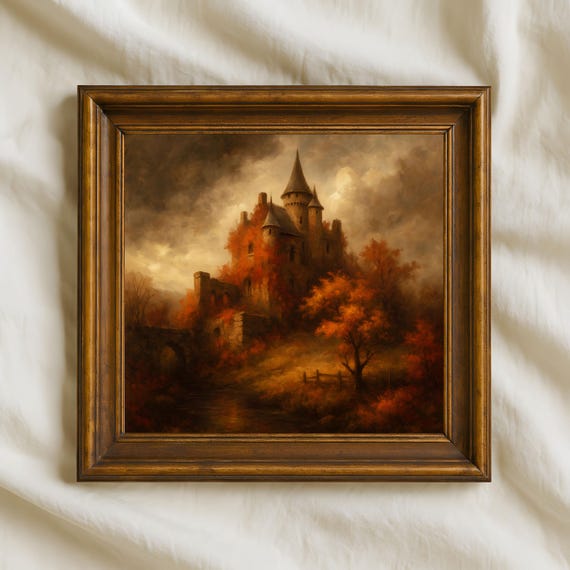 Autumn Gothic Castle Wall Art Haunted Fortress Ruins Print Dark Romantic Fantasy Painting Medieval Dcor
