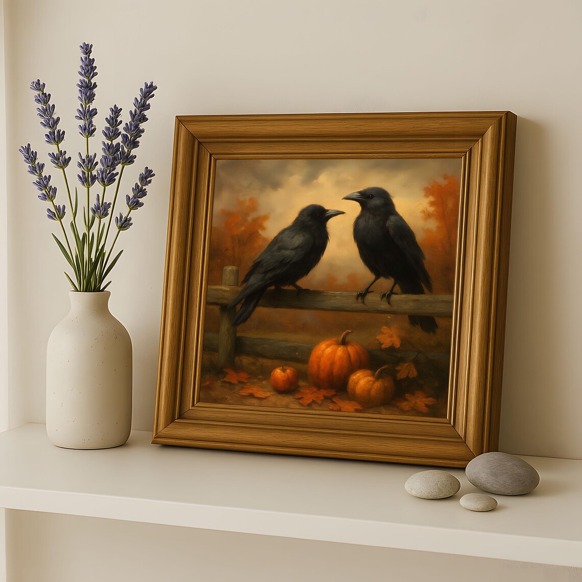 Two Crows On Fence With Pumpkins Moody Autumn Oil Painting Art Print