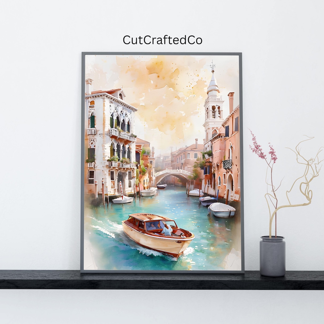 Venice Canal Watercolor Motorboat Italian Waterway Travel Poster