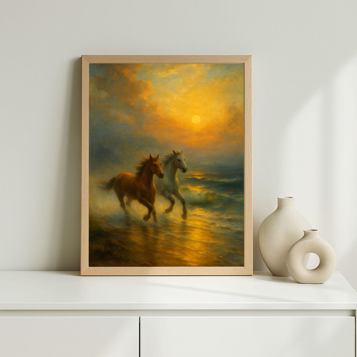 Two Horses Galloping Through Water Golden Sunset Waves Art Poster