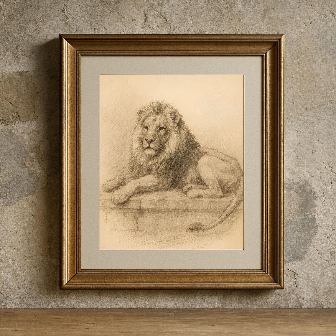 Majestic Lion Pencil Drawing Reclining Safari Wildlife Sketch Poster