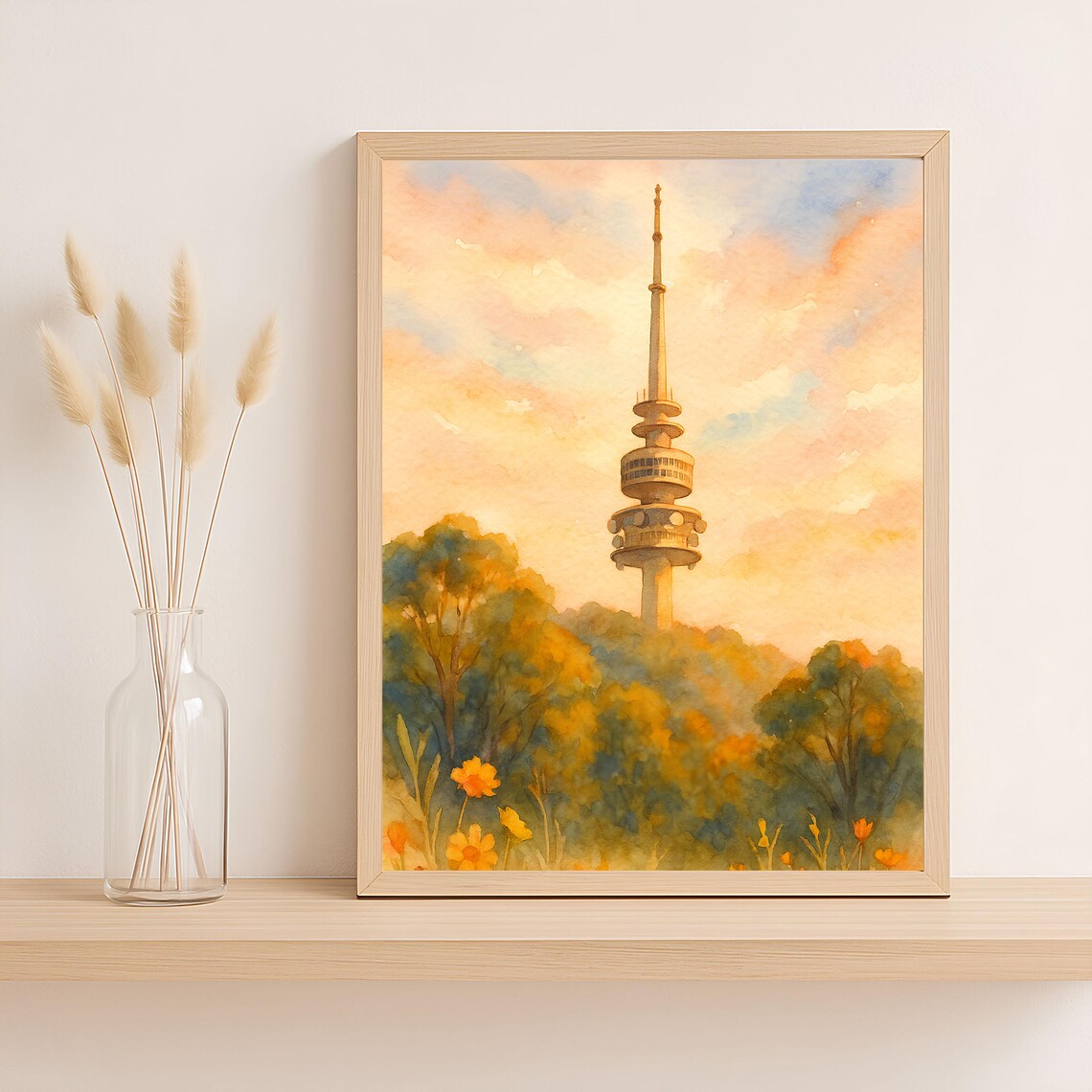 Canberra Black Mountain Tower Sunset Bushland Watercolor Poster