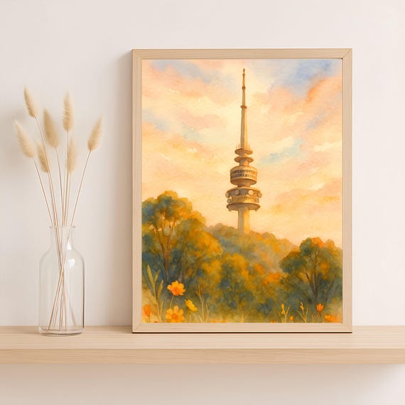 Canberra Black Mountain Tower Wall Art Sunset Watercolor Landscape Print Floral Nature Warm Australian Decor