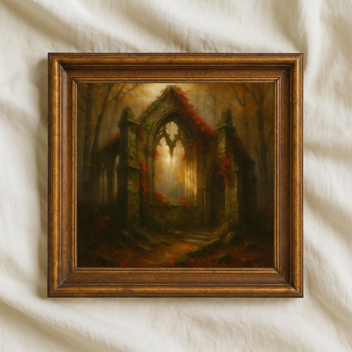 Gothic Chapel Ruins In Foggy Autumn Forest Red Ivy Oil Painting Print