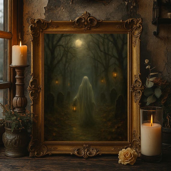 Halloween Wall Art Haunted Graveyard Oil Painting Spooky Ghostly Gothic House Decor