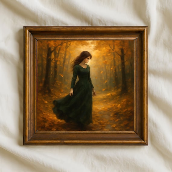 Autumn Woman Oil Painting Dark Academia Fall Wall Art Moody Forest Path Artwork Vintage Style For Rustic Home Decor
