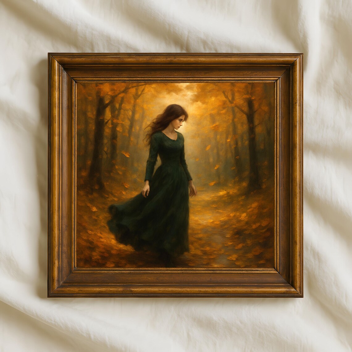 Woman in Green Dress Golden Autumn Forest Romantic Oil Wall Print