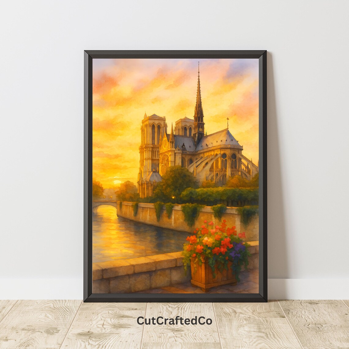 Notre Dame Paris Sunset Watercolor Seine Riverside View Poster