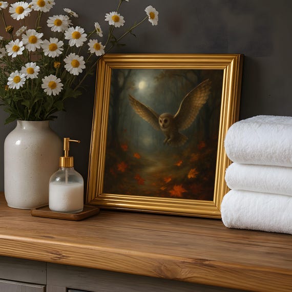 Mystical Owl In Moonlit Forest Enchanted Autumn Night Wall Art Print Square Artwork For Cozy Rustic Home Decor
