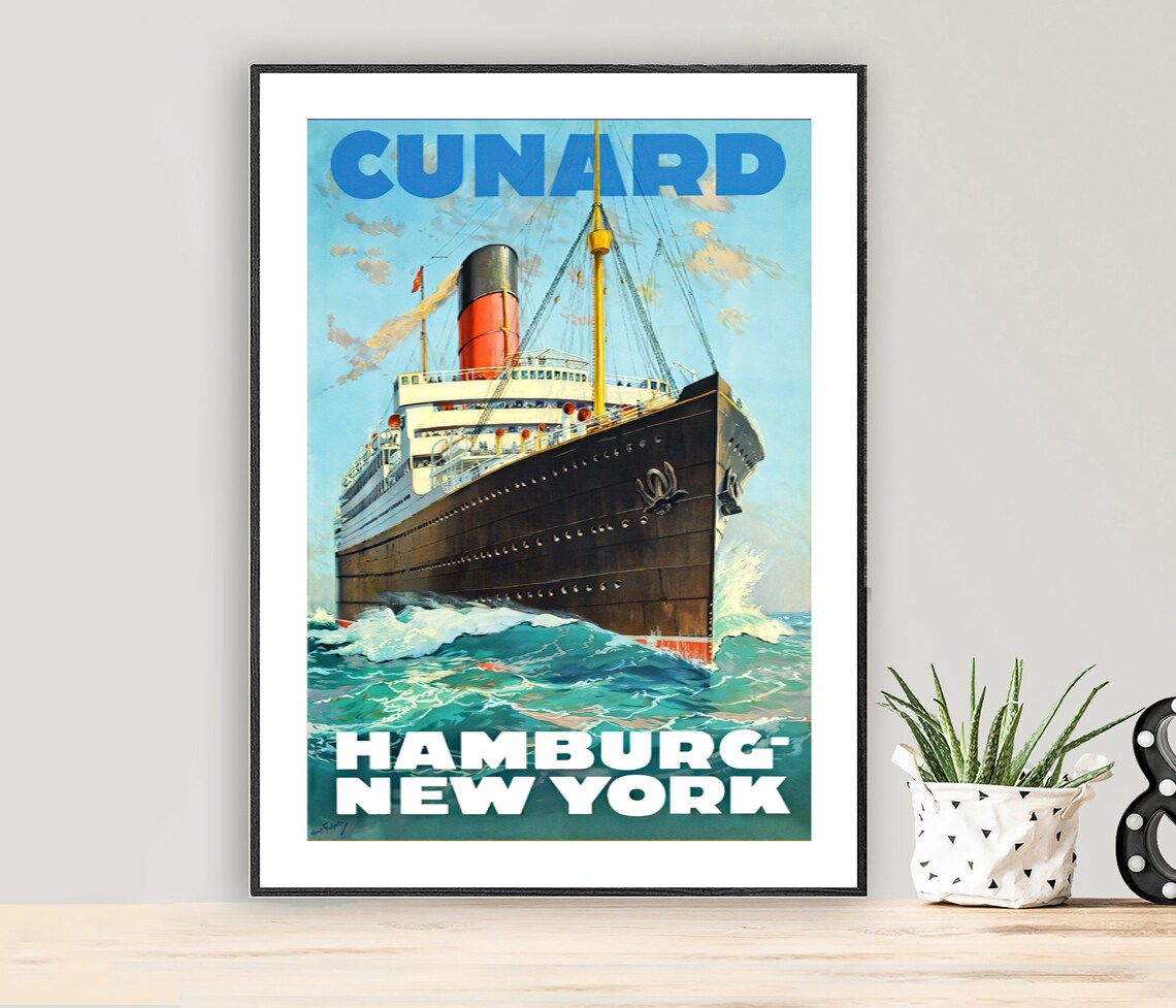 Cunard Line Hamburg New York Vintage Travel Poster
