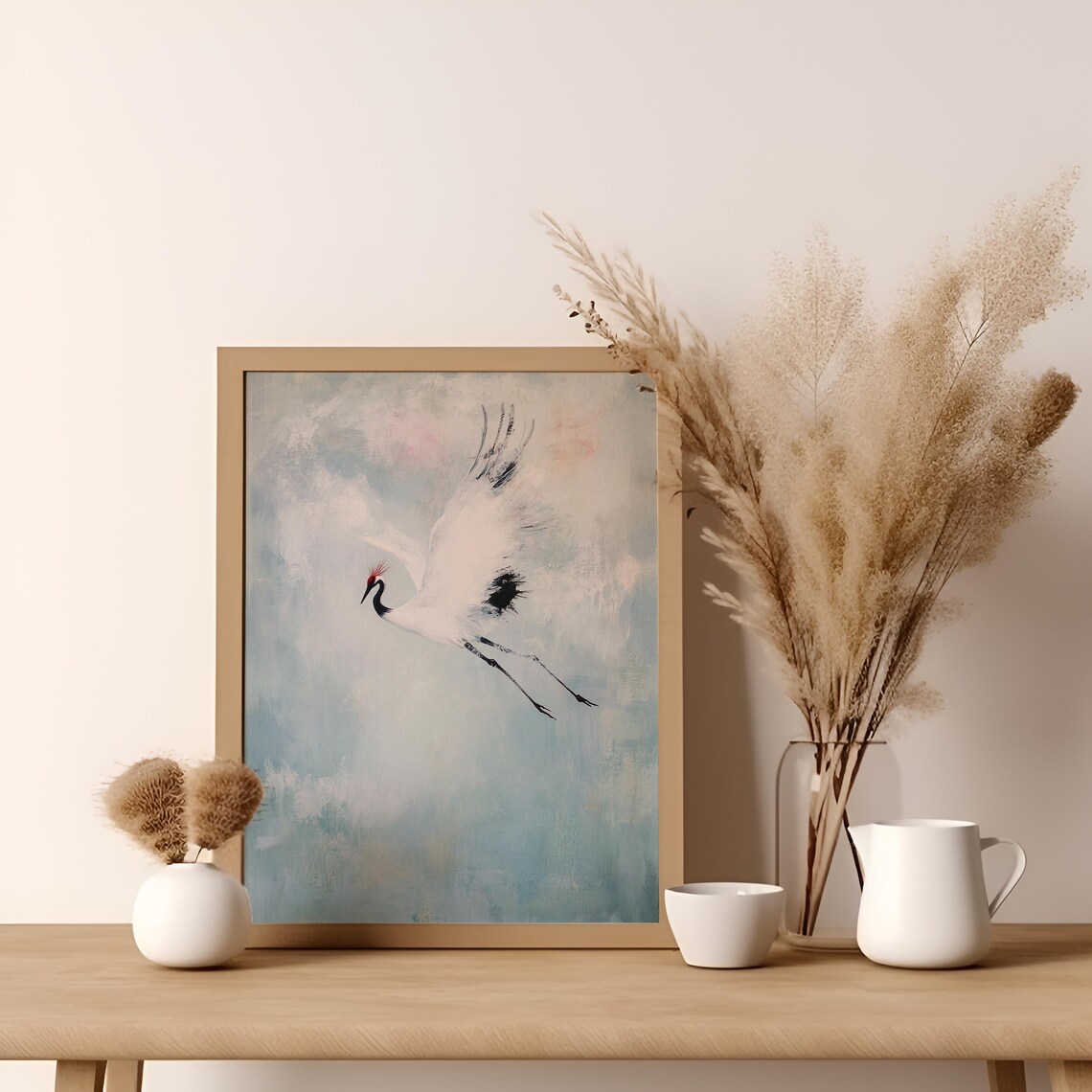 Graceful Flying White Crane Japanese Minimalist Watercolor Poster