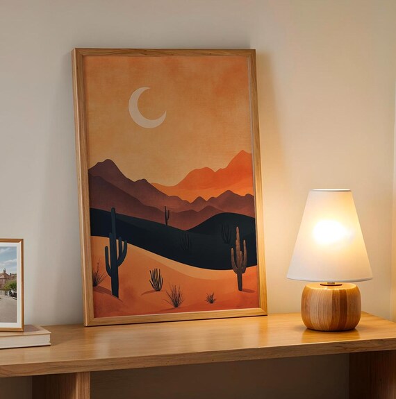 Crescent Moon Desert Cactus Boho Sunset Southwestern Art Poster