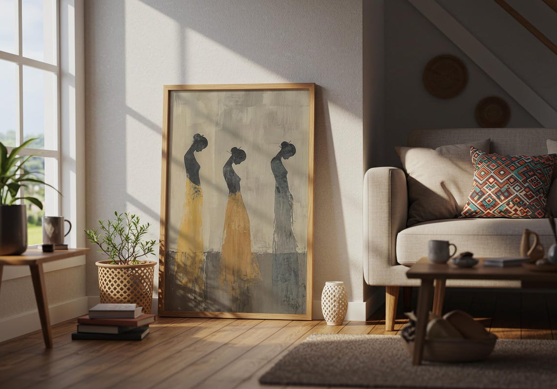 Three Elegant Female Silhouettes in Gold and Grey Minimal Art Poster - Image 4