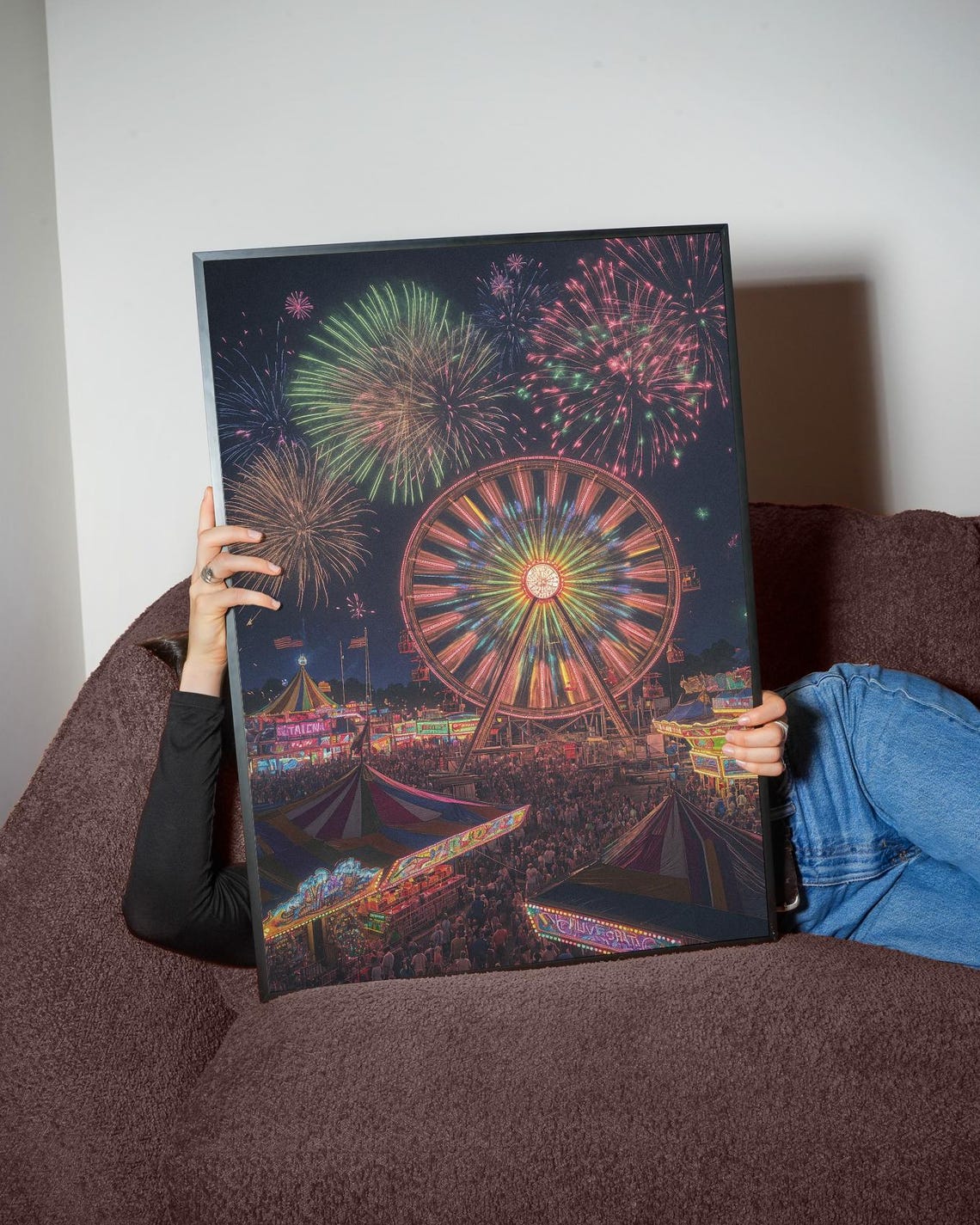 Fireworks Over Crowded Carnival Midway Ferris Wheel Night Poster