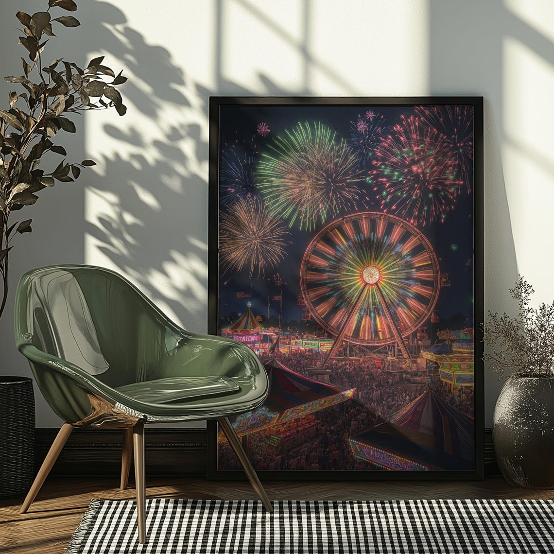 Fireworks Over Crowded Carnival Midway Ferris Wheel Night Poster - Image 4