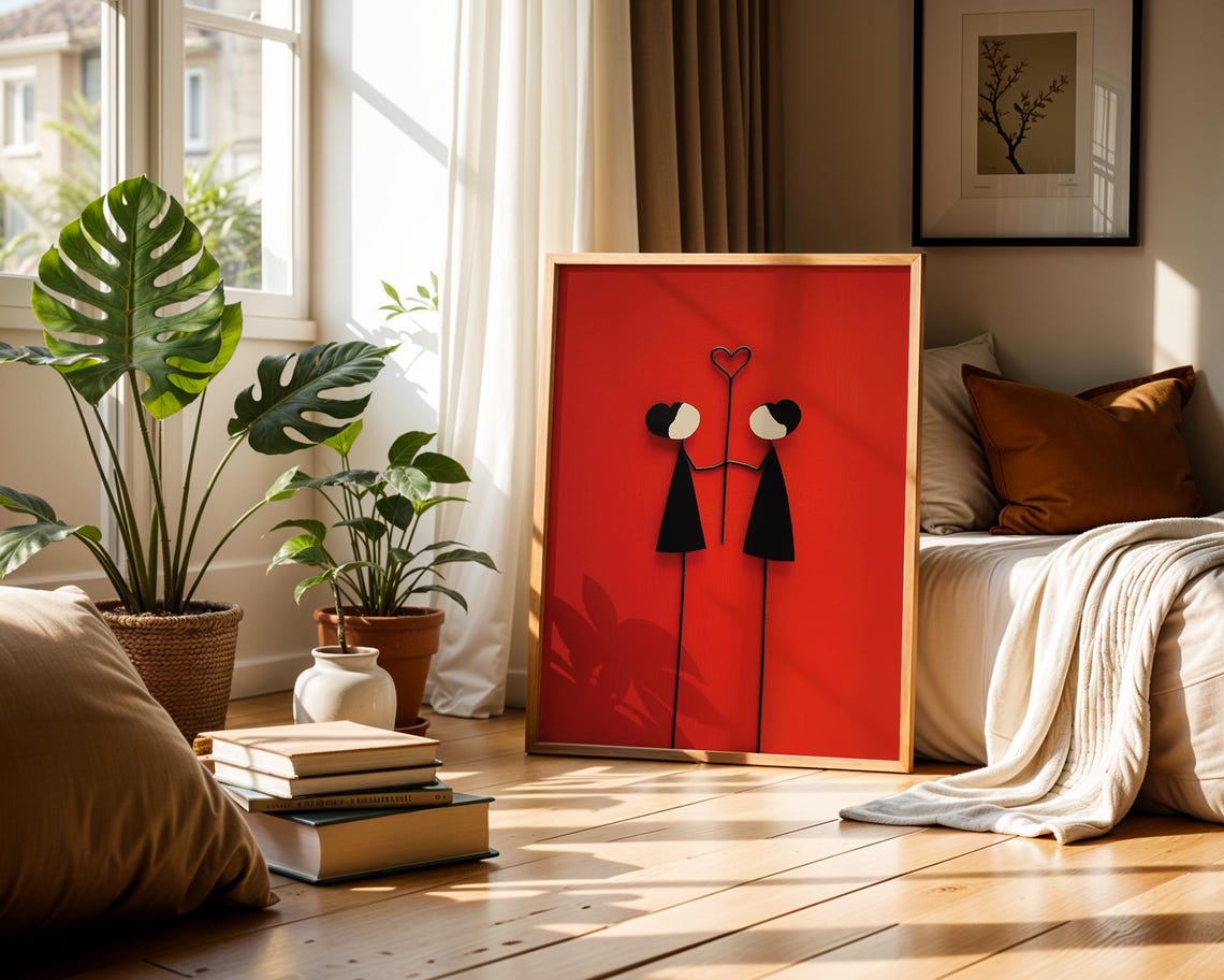 Red Background Stylized Couple Heart Modern Love Wall Poster - Image 2