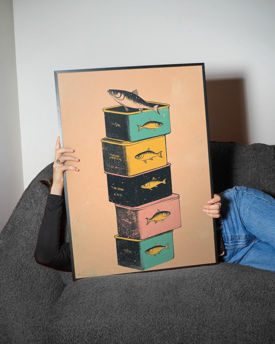 Retro Sardine Stack Art Print Quirky Fish Illustration Colorful Kitchen Pop Wall