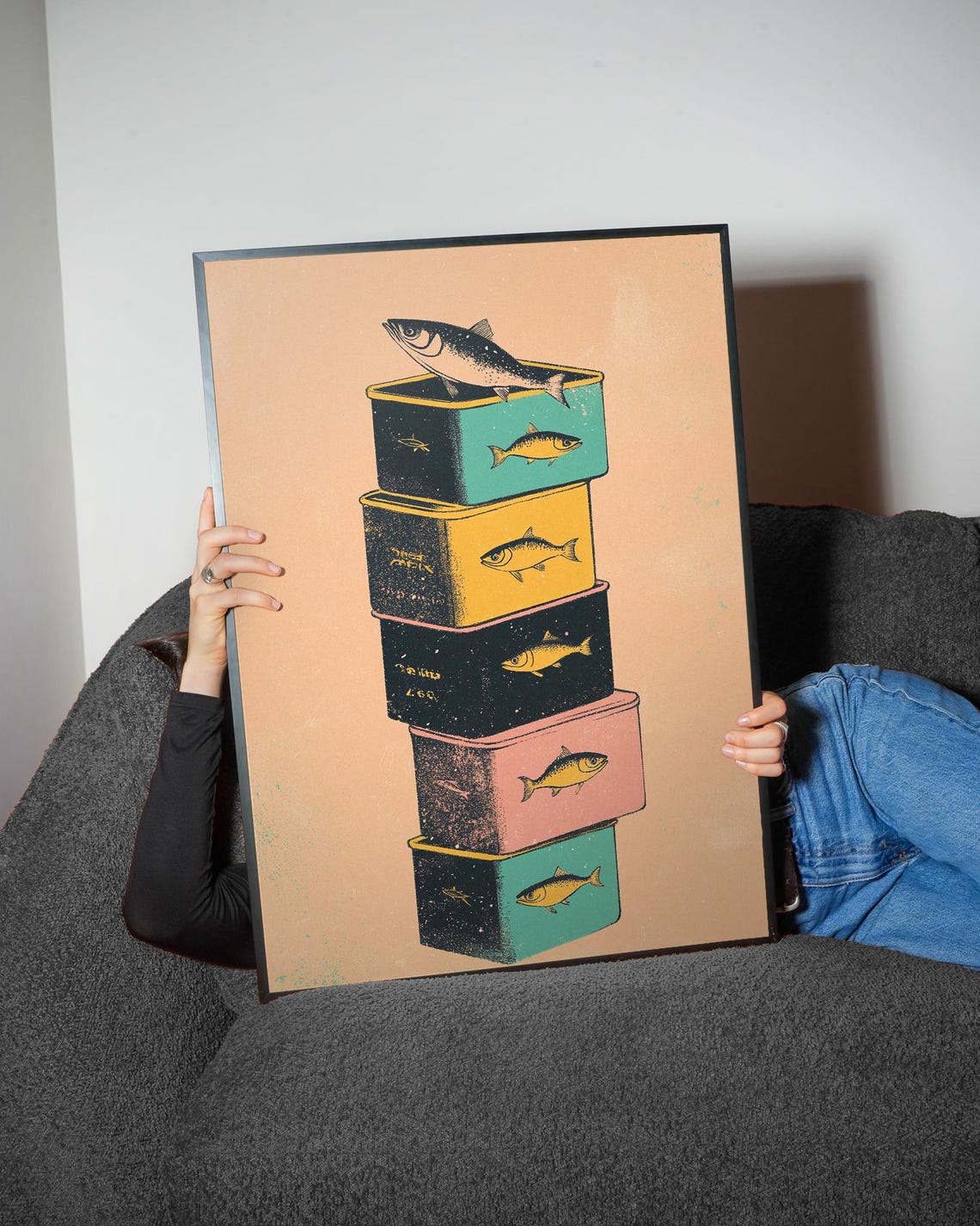 Vintage Sardine Tins Stack Retro Fish Illustration Kitchen Poster