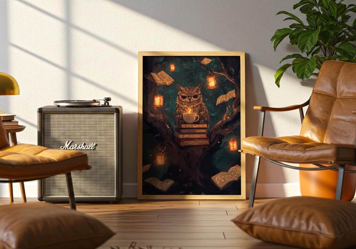 Wise Owl with Glasses Reading Books Among Glowing Lanterns Poster - Image 4