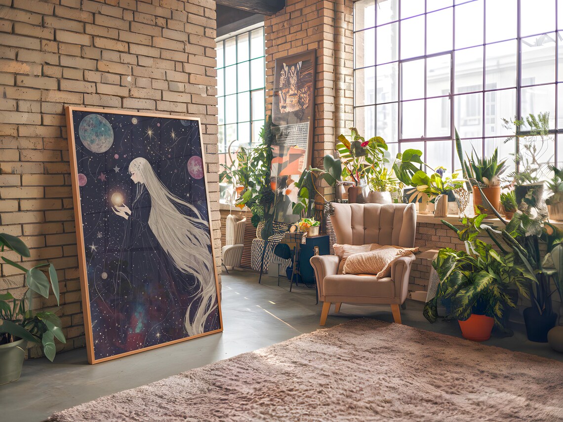 Anime Moon Keeper Woman White Hair Glowing Orb Starry Sky Poster - Image 3
