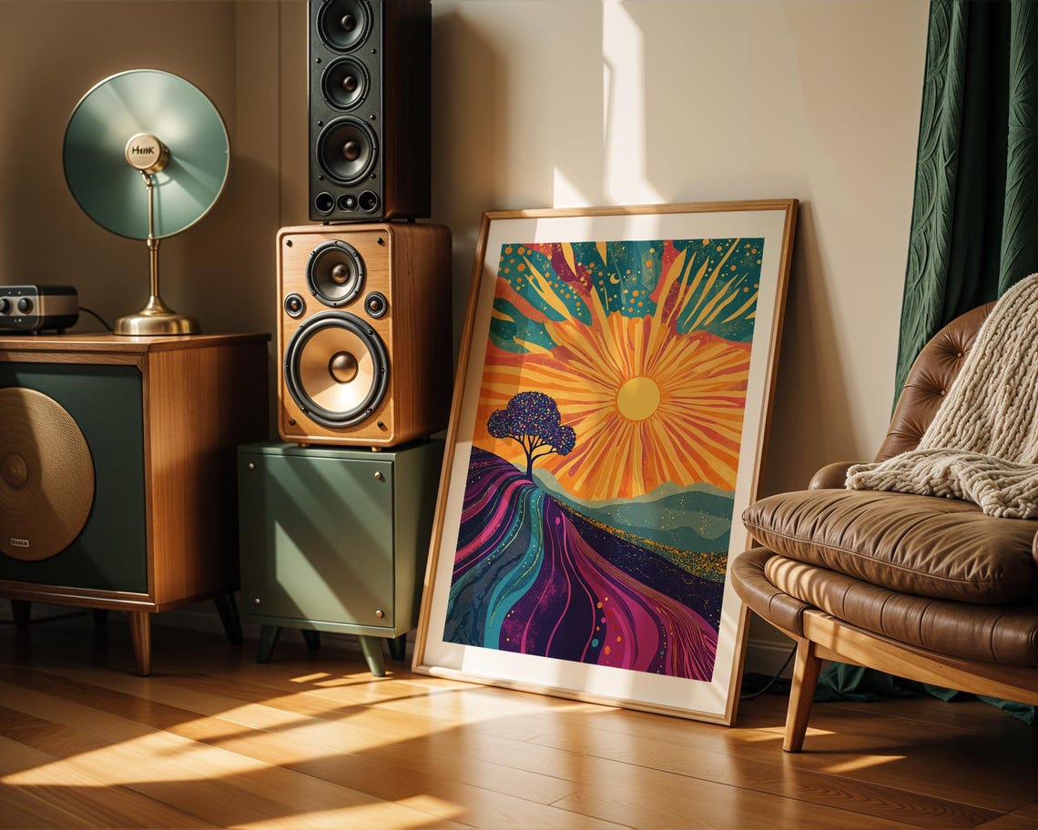 Radiant Sunburst Boho Landscape Tree Silhouette Psychedelic Art Poster - Image 4