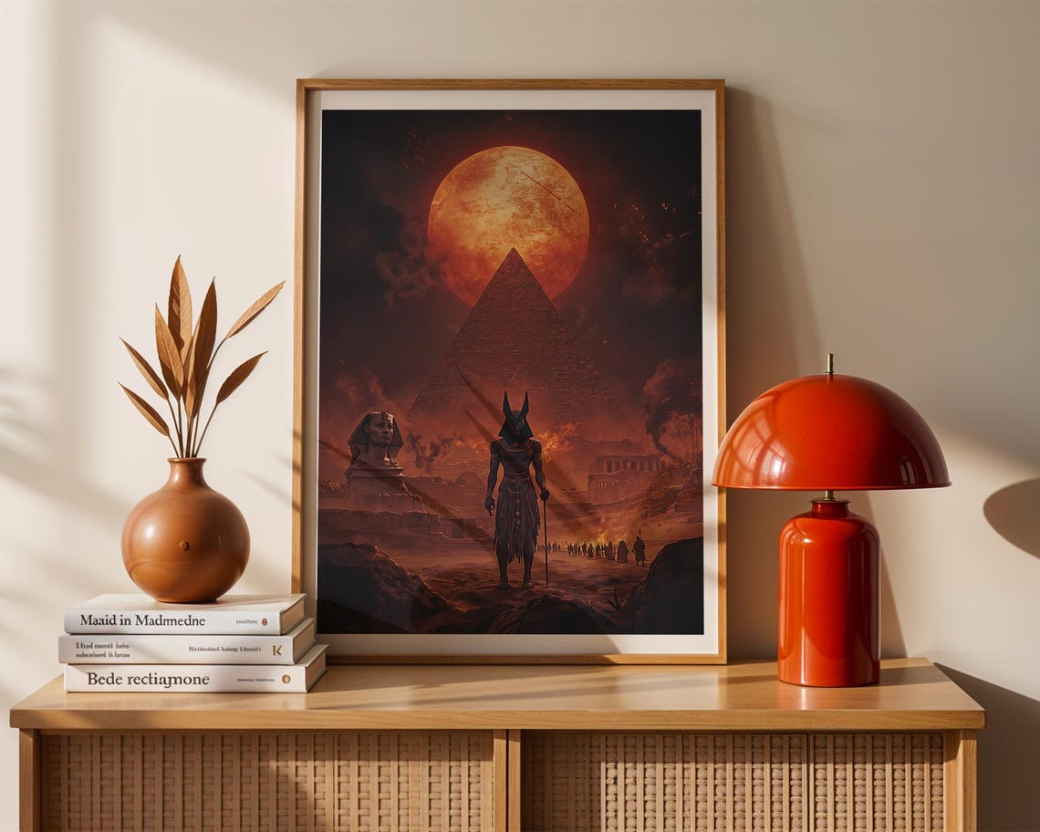 Anubis Pyramid Blood Moon Ancient Egypt Mythology Dark Art Poster