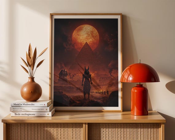 Egyptian Anubis Art Print Pyramid Under Blood Moon Mythology Wall Decor