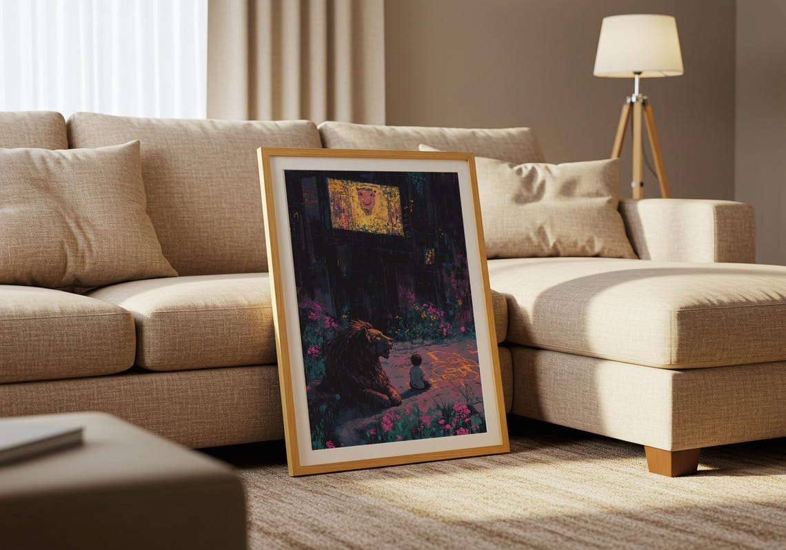 Gentle Lion and Little Child on a Neon Night City Street Poster - Image 5
