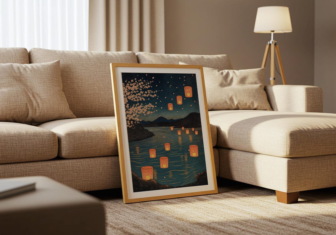 Japanese Lanterns River Night Cherry Blossom Serene Wall Poster - Image 5