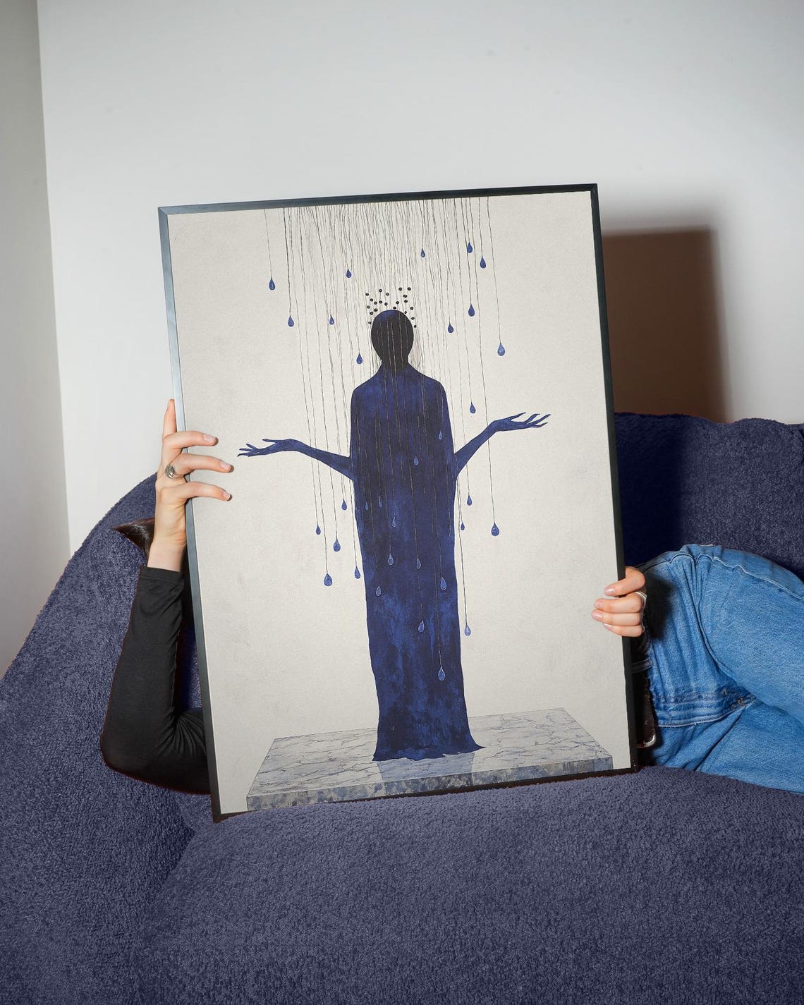 Blue Silhouette Figure Gentle Rain Minimalist Emotional Poster