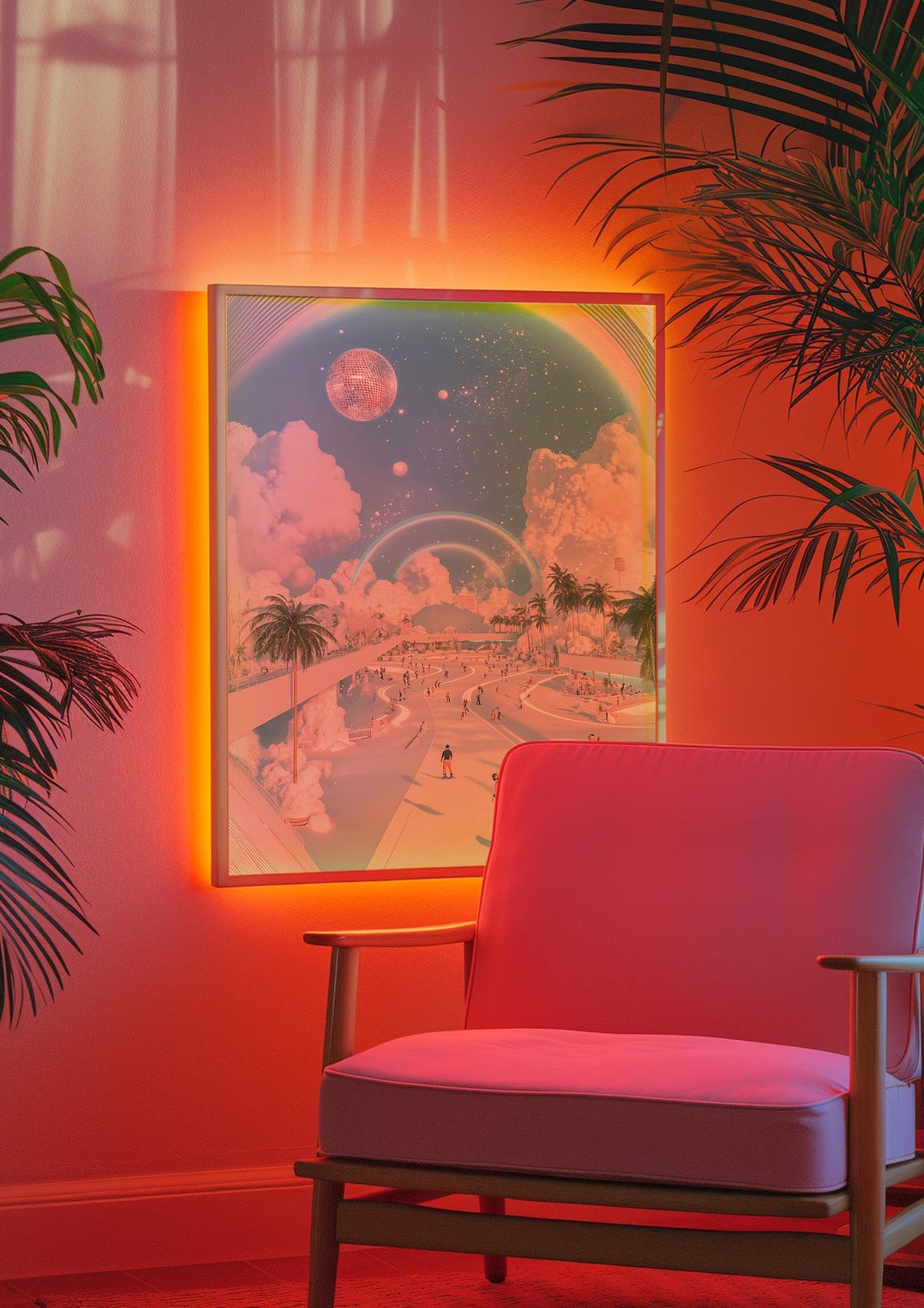 Dreamy Skatepark Pink Clouds Disco Ball Moon Surreal Wall Poster - Image 4