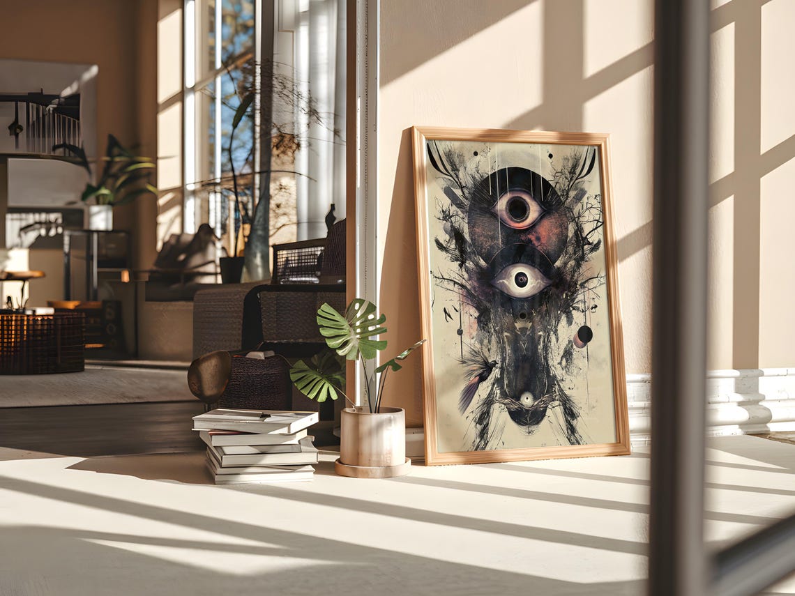 Celestial Eyes Mystical Owl Ink Drawing Dark Fantasy Art Poster - Image 2