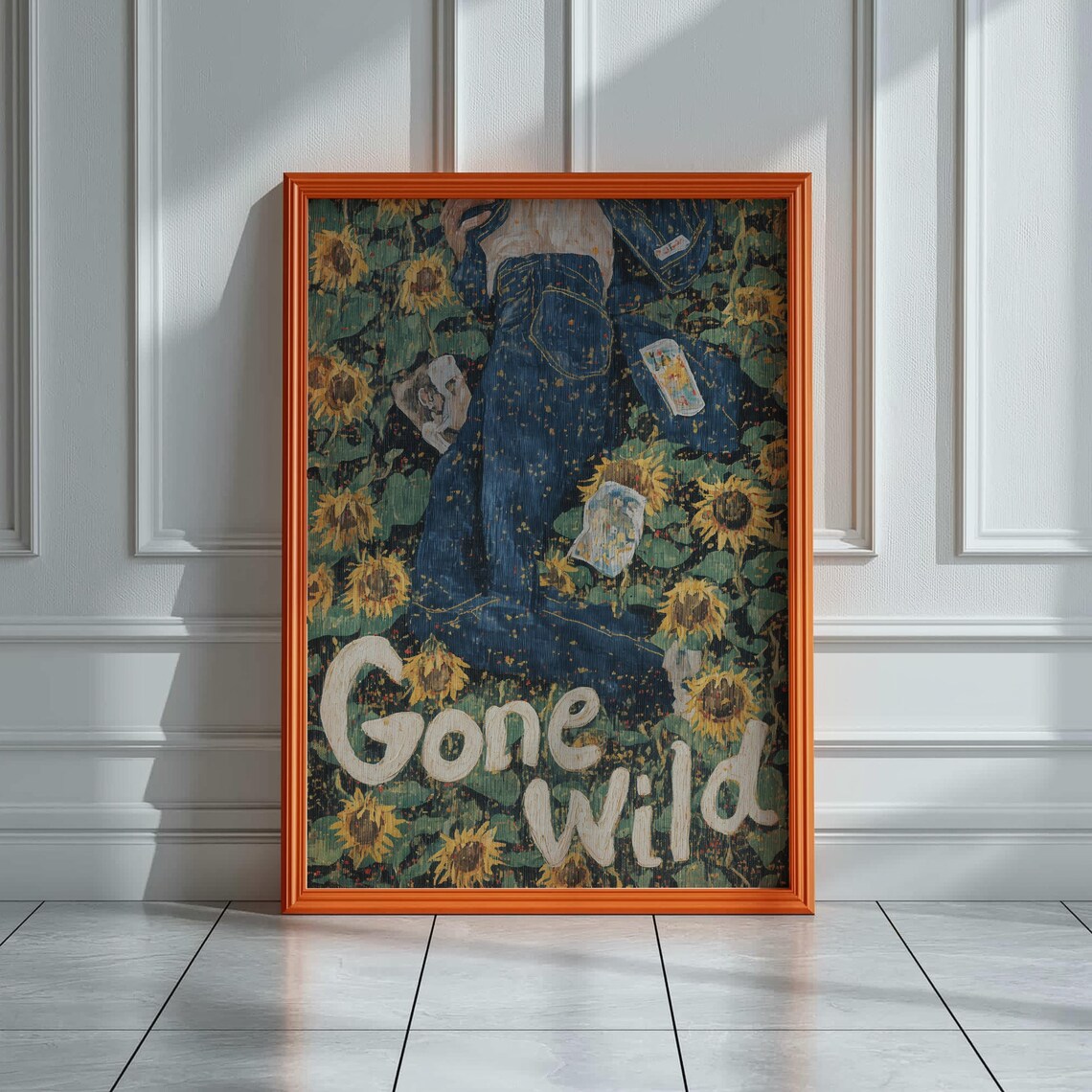 Gone Wild Sunflower Field Denim Girl Vintage Botanical Text Retro Wall Art