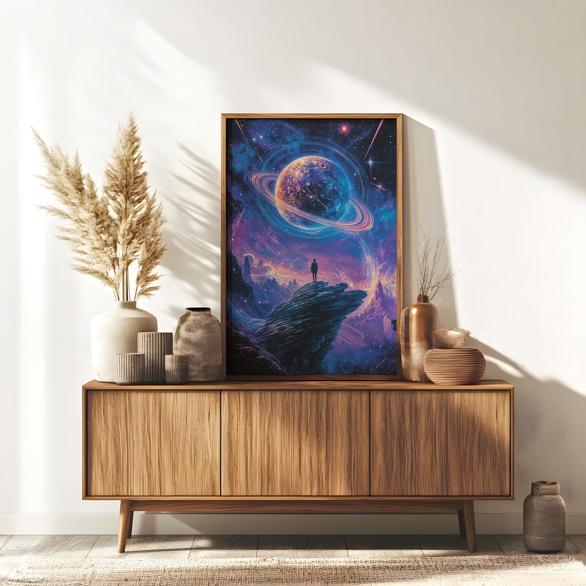 Ringed Planet Cosmic Vista Lone Figure Alien Landscape Sci Fi Poster - Image 4