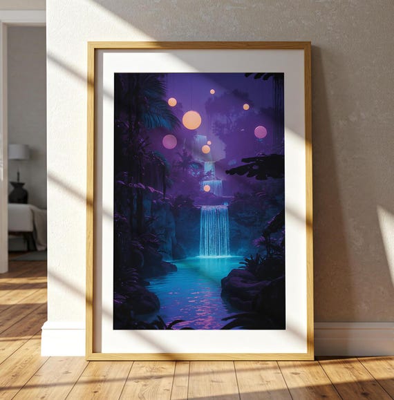 Waterfall Art Print Neon Jungle Fantasy Surreal Landscape Wall Decor