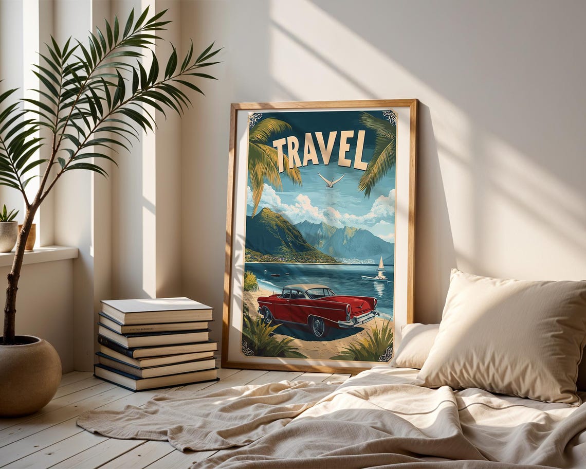 Retro Travel Classic Red Car Coastal Seaside Vacation Art Poster - Image 4
