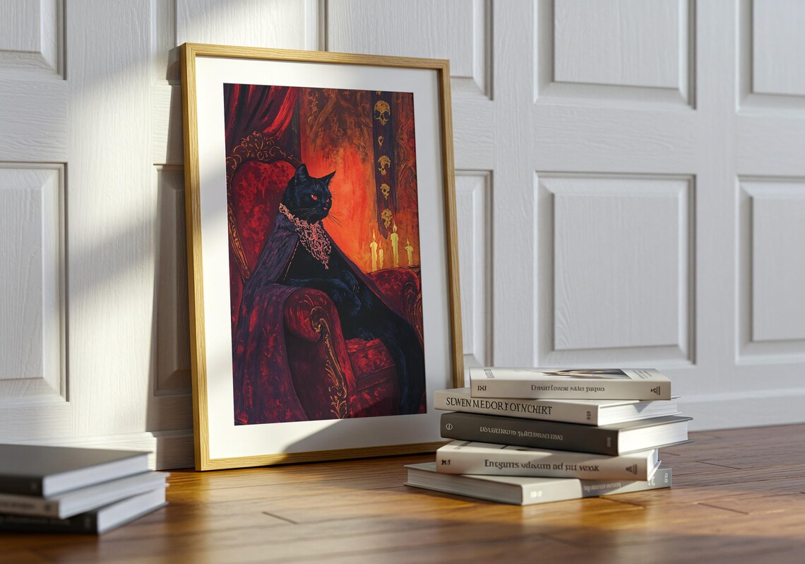 Regal Black Cat on Red Velvet Throne Dark Baroque Royal Pet Portrait Wall Art - Image 3